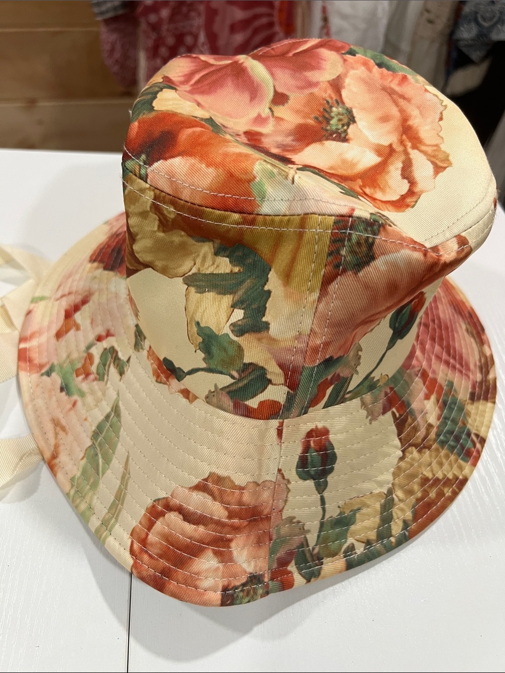 Anthropologie Floral Bucket Hat in Cream and Coral